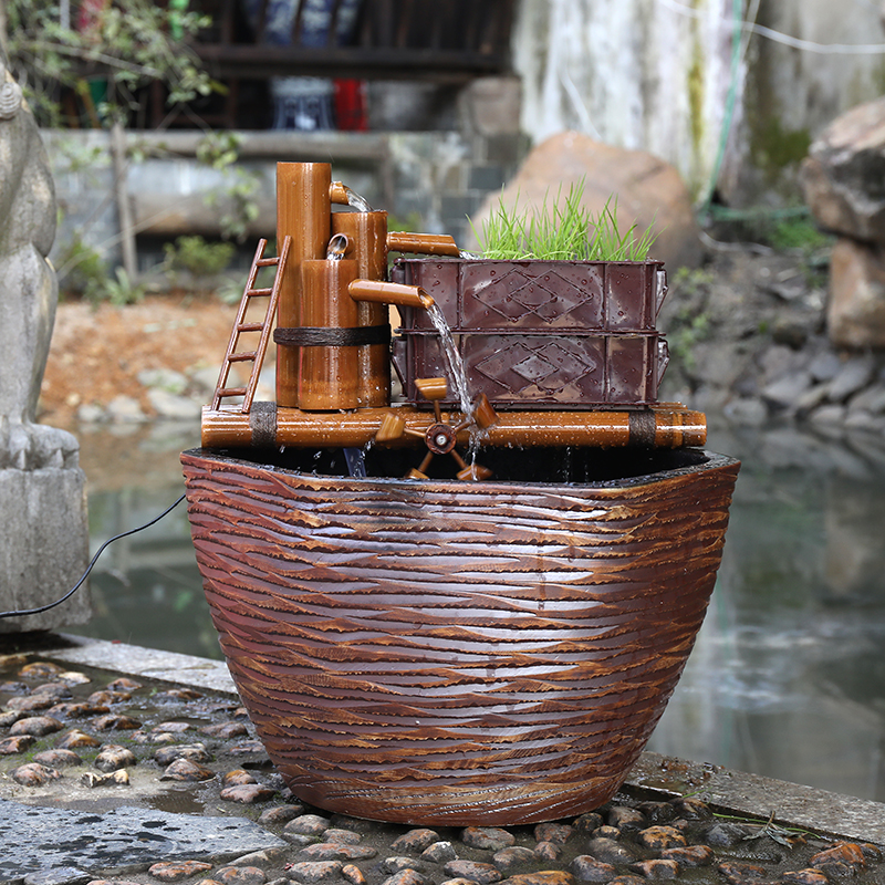 竹子流水滤盒鱼缸鱼盆过滤器风水轮车招财摆件石槽喷泉加湿增氧