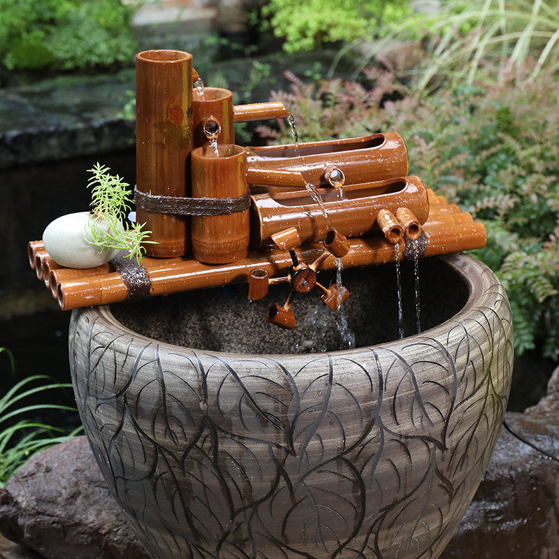 竹子流水喷泉水车摆件竹筒创意装饰石槽循环流水器陶瓷鱼缸过滤器