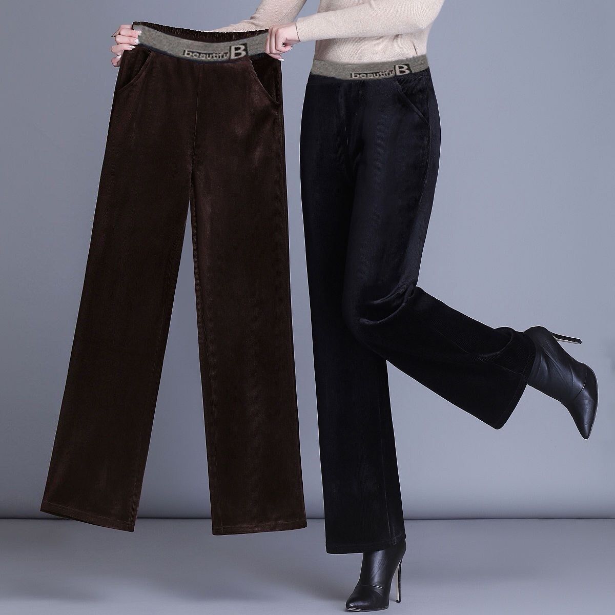 灯芯绒阔腿裤女秋冬2020新款高腰显瘦宽松垂感条绒加绒加厚直筒裤