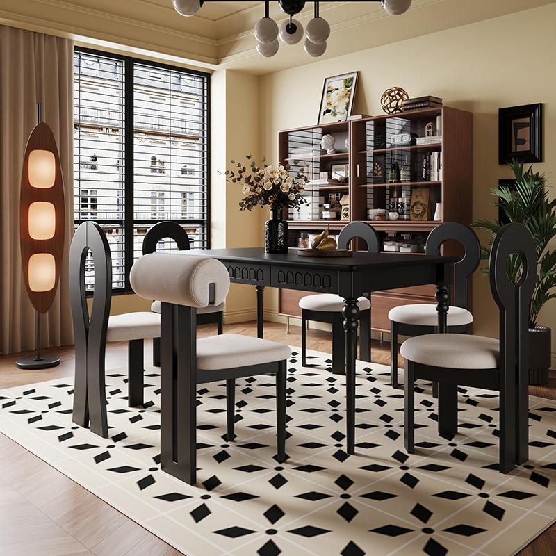 法式复古长方形实木餐桌椅组合北欧美式黑色中古风家用小户型饭桌