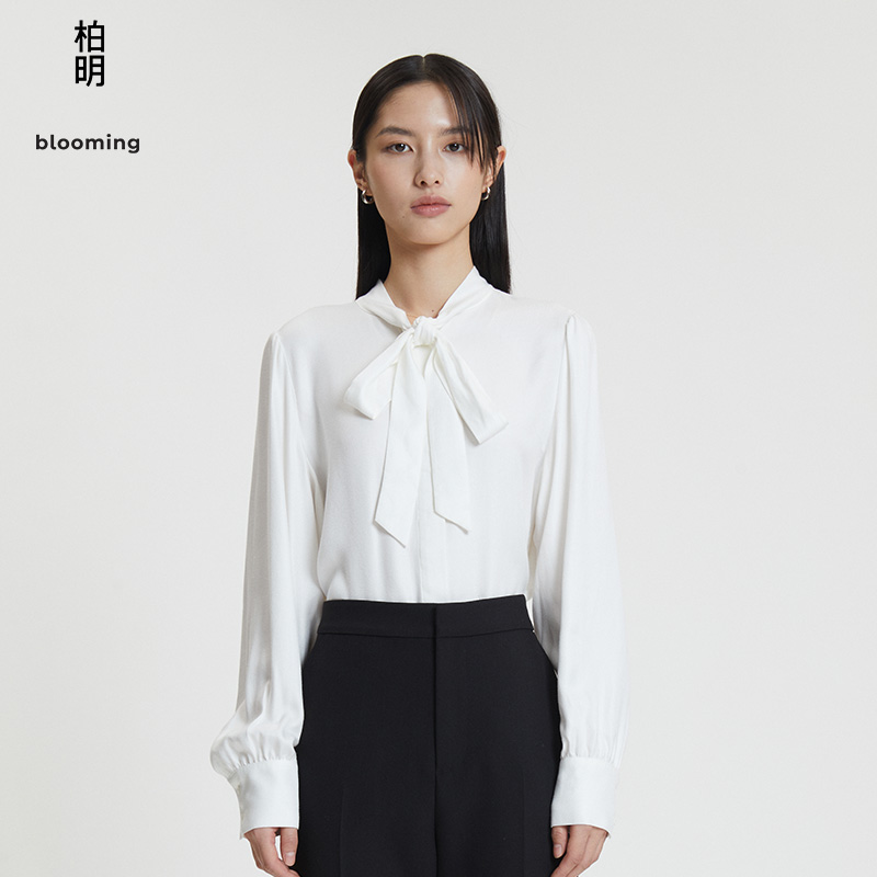 柏明blooming春季女装领口飘带衬衫时尚感长袖上衣