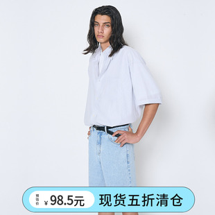 韩国正品 PARTIMENTO 夏季新款男女铅笔条纹A型线条宽松短袖衬衫