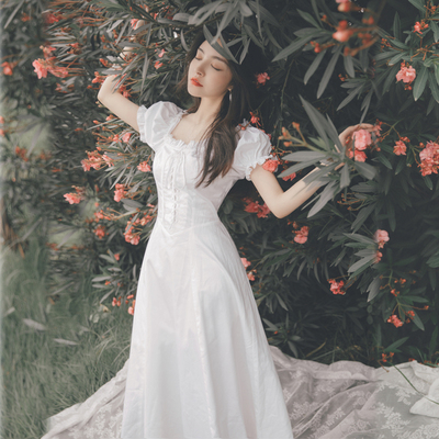 法式少女初恋桔梗白色宫廷裙子仙女超仙长裙脚踝仙气森系连衣裙夏