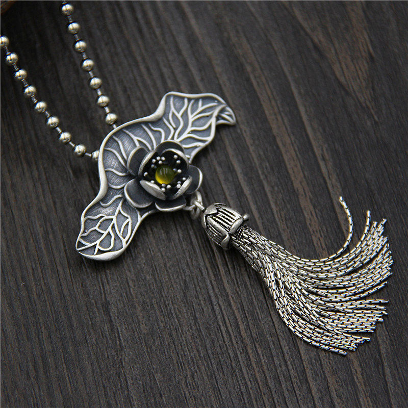 银琪银饰s925纯银荷叶流苏吊坠复古泰银饰品毛衣链挂件