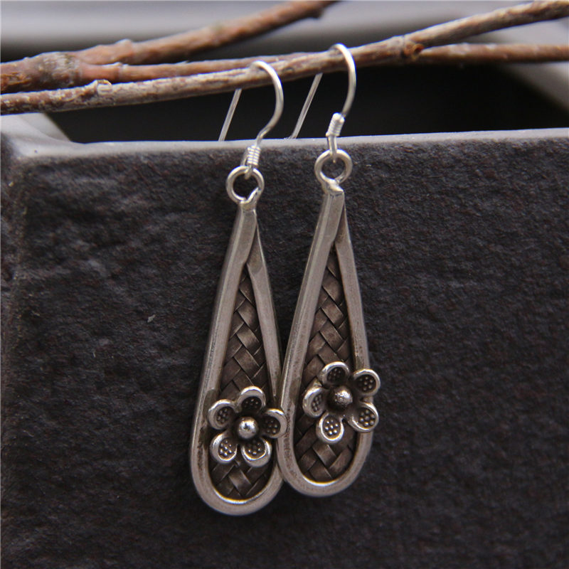 银琪银饰泰清迈国手工银耳环s925纯银水滴小花泰银做旧编织耳坠