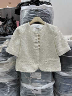 韩国Y724178中式国风盘扣设计感圆领短袖亮片外套小个子洋气上衣