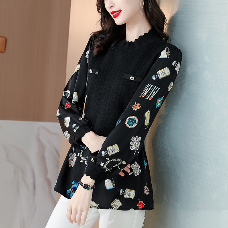 碎花雪纺衬衫女士春秋冬装新款长袖妈妈遮肚子上衣洋气中长款小衫