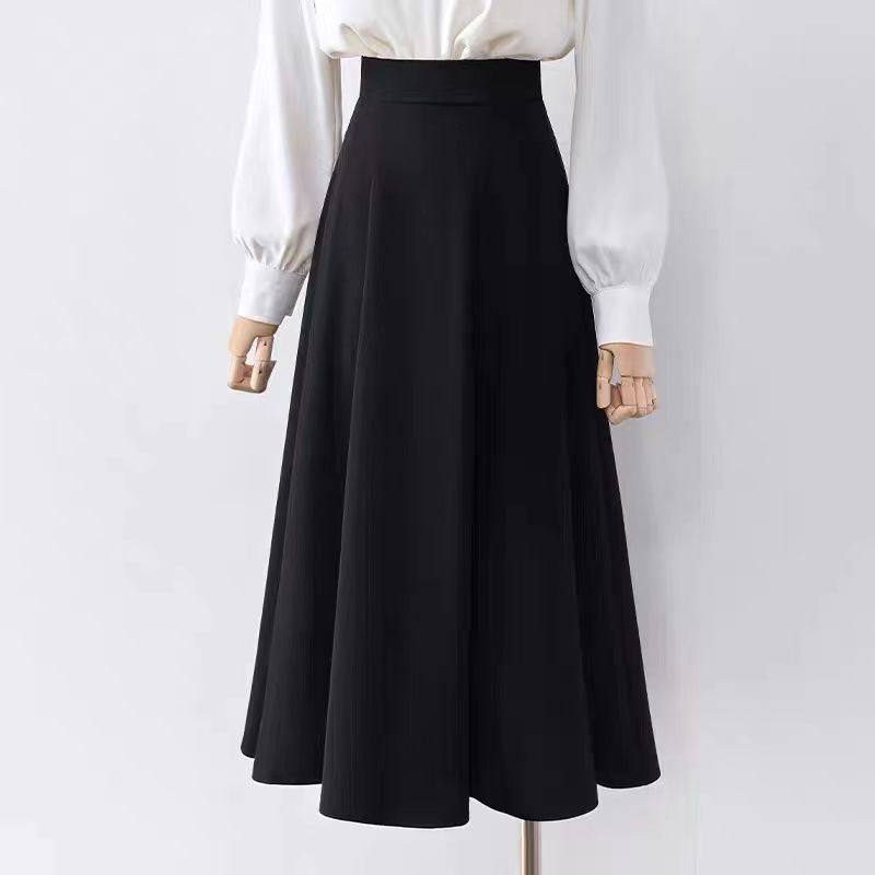 职业简约黑色毛呢西装裙女高腰显瘦垂感通勤中长款半身裙大摆裙