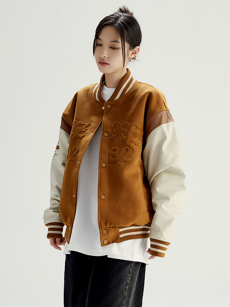 kingprince秋款棒球服外套男女美式复古pu皮撞色拼接加厚夹克