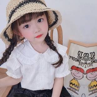 夏装女童白色短袖衬衫娃娃领时髦百搭洋气衬衣宝宝儿童上衣薄款潮
