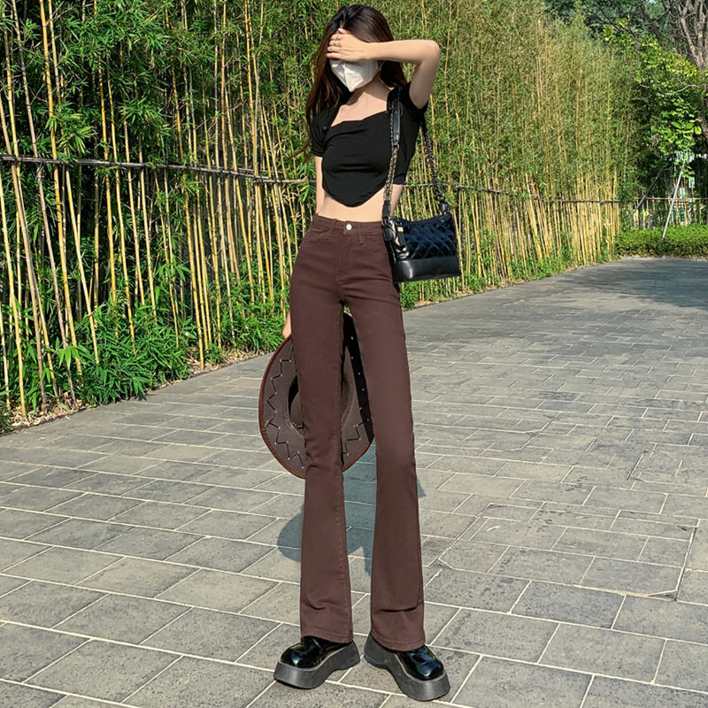 trozz春秋修身棕色微喇叭牛仔裤女梨型身材微喇裤直筒显瘦ins长裤