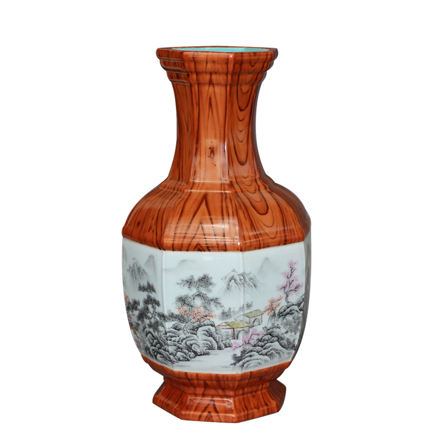 景德镇仿古瓷大清乾隆年制釉上彩木纹图案八方山水瓶唐德贵工作室