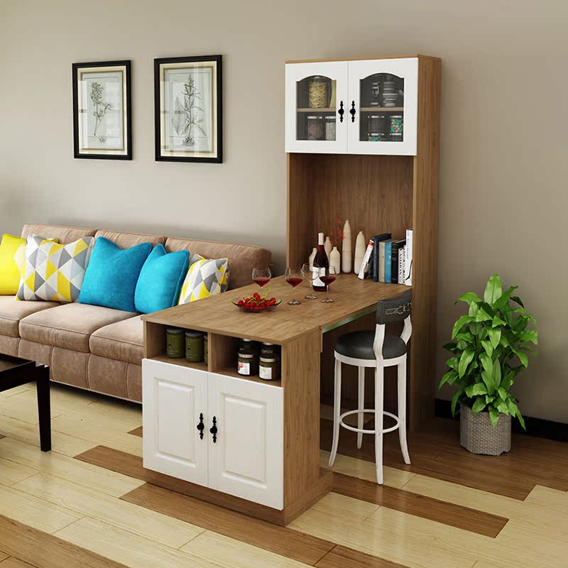 简约现代吧台酒柜带折叠餐桌一体家用靠墙储物柜伸缩饭桌餐边柜