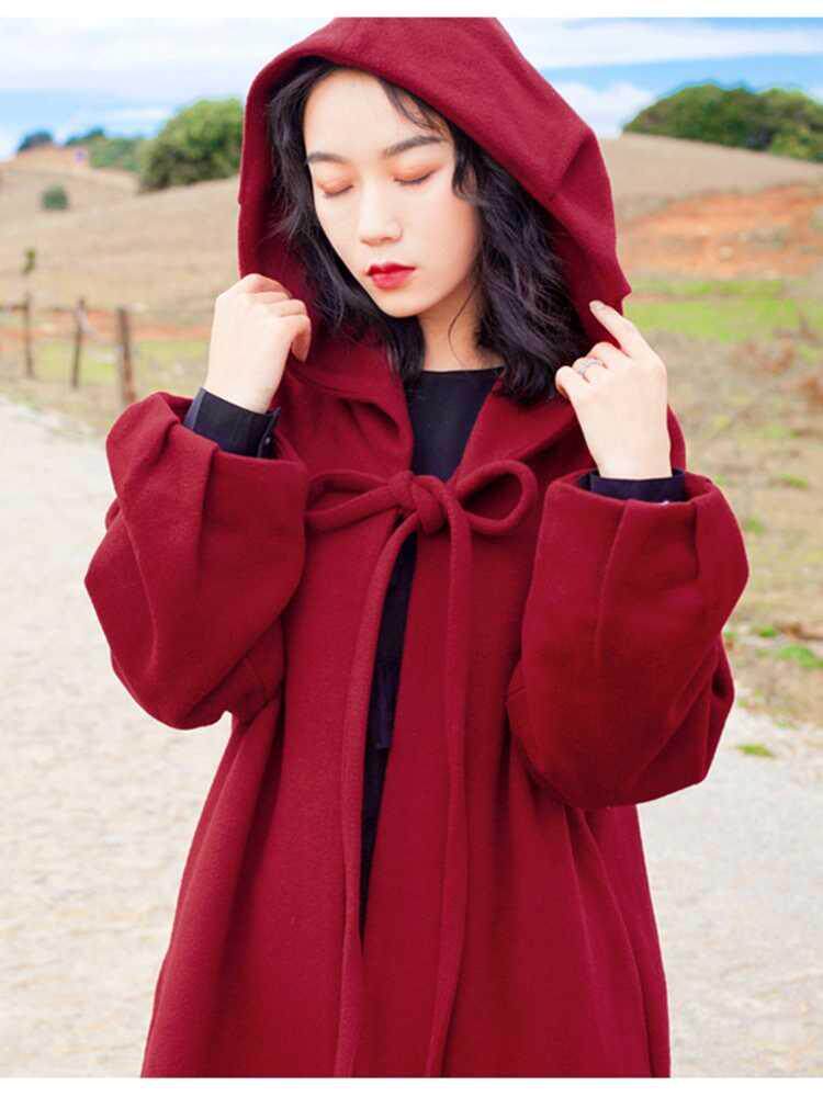 秋冬红色复古毛呢大衣旅游拍照中长过膝连帽斗手机信号放大器