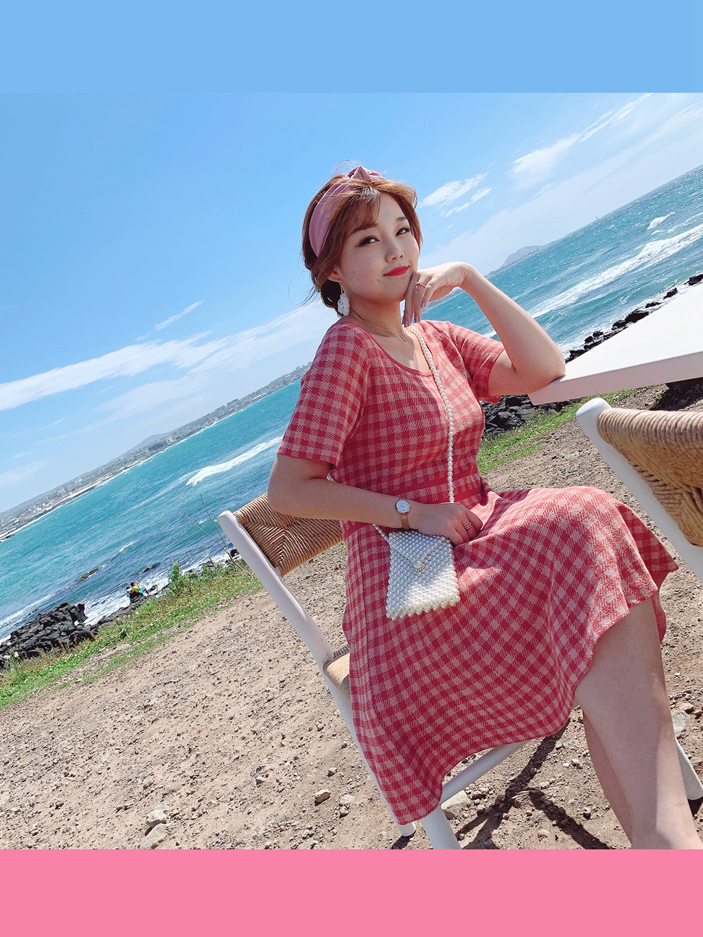 肉卷家大码连衣裙复古格子圆领收腰中长款针织裙2019夏季新款女装