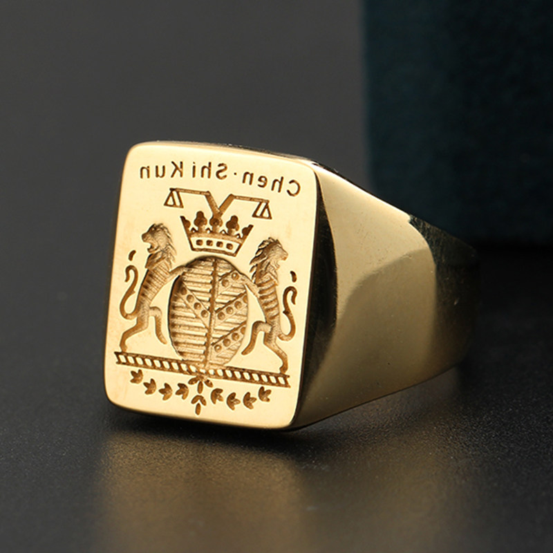 欧洲贵族家族纹徽章双狮子复古董图章戒指18k黄金印章潮男戒定制