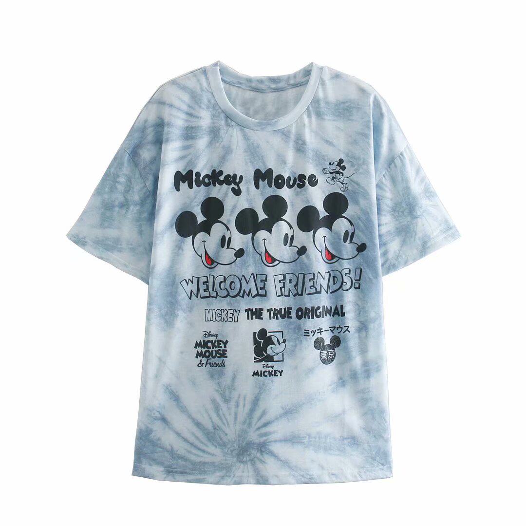 za家夏季新款老鼠图案插图扎染宽松印花学院派卡通涂鸦短袖t恤女