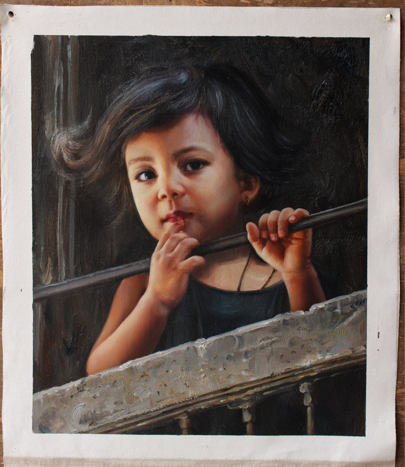 凌捷《带耳环的小孩》布面油画51x61