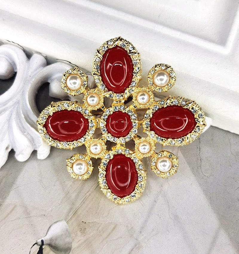 昊泉巴洛克饰品宫廷风欧美复古董饰品珍珠红树脂宝石新款胸针花女