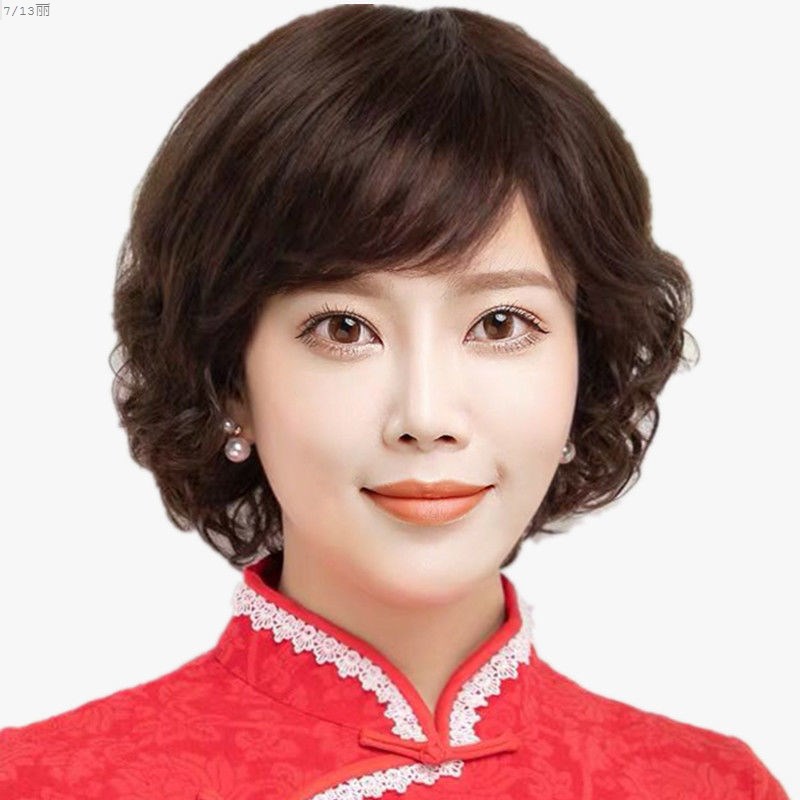 假发女士中老年假发女短发卷发真发圆脸逼真时尚全头套中年人中老