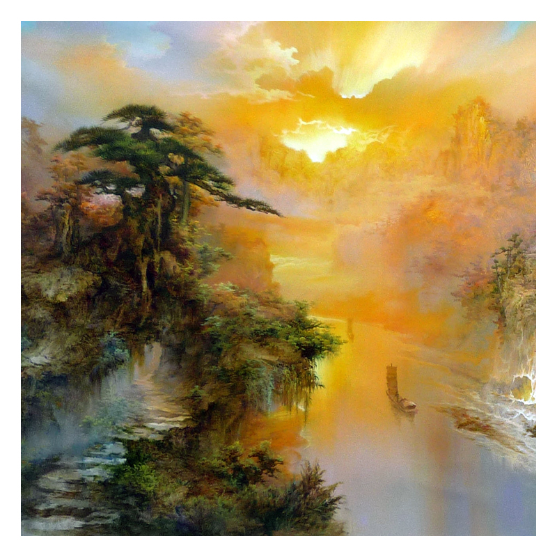 黄清风 《高山流水聚财源》台湾画家 80*200cm原创巨幅 布面油彩