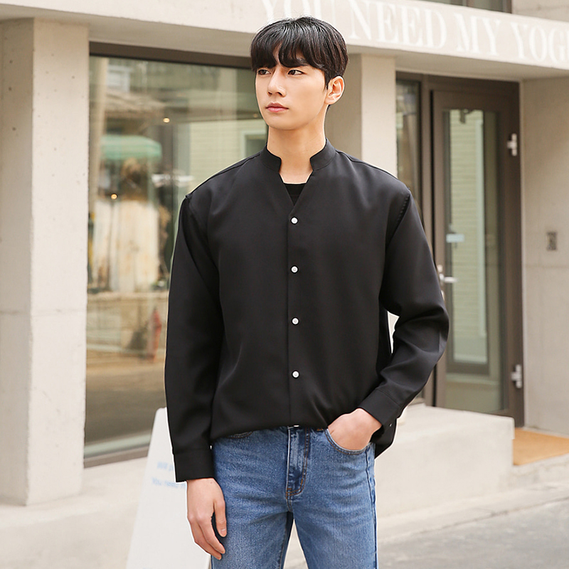 韩版男士衬衫时尚潮流小立领外套中长款休闲打底学生外搭帅气潮装