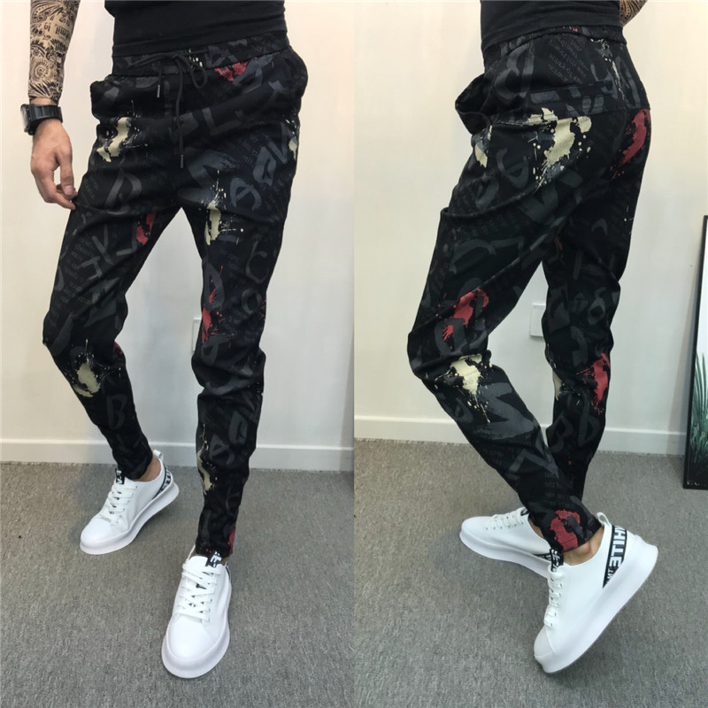 2018新款潮男花裤子修身小脚裤时尚百搭休闲束脚裤社会精神小伙裤