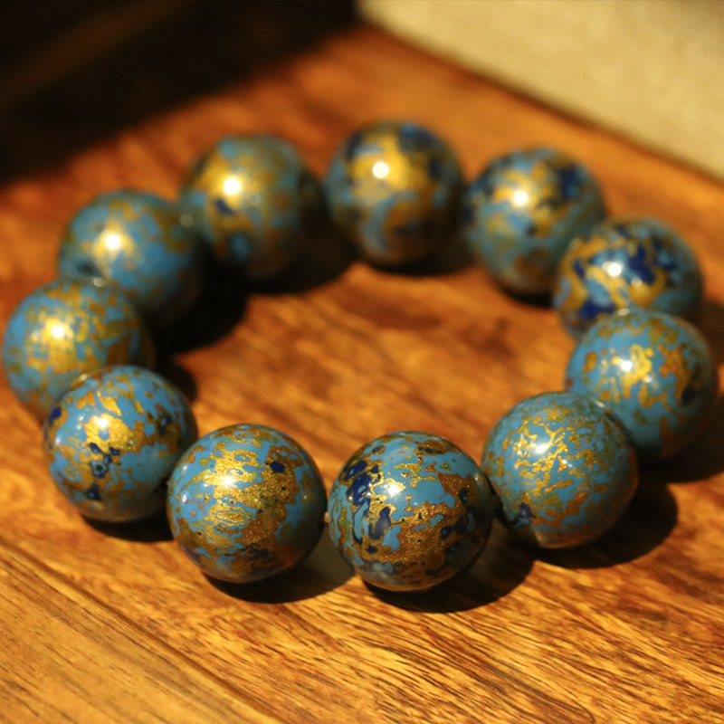 纯手工打磨 蓝金大漆手串