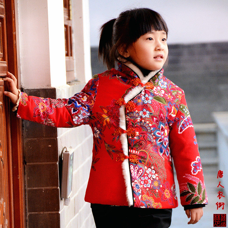 2021女童唐装冬装新款棉袄凤尾花红色立领盘扣夹棉喜庆演出服新年