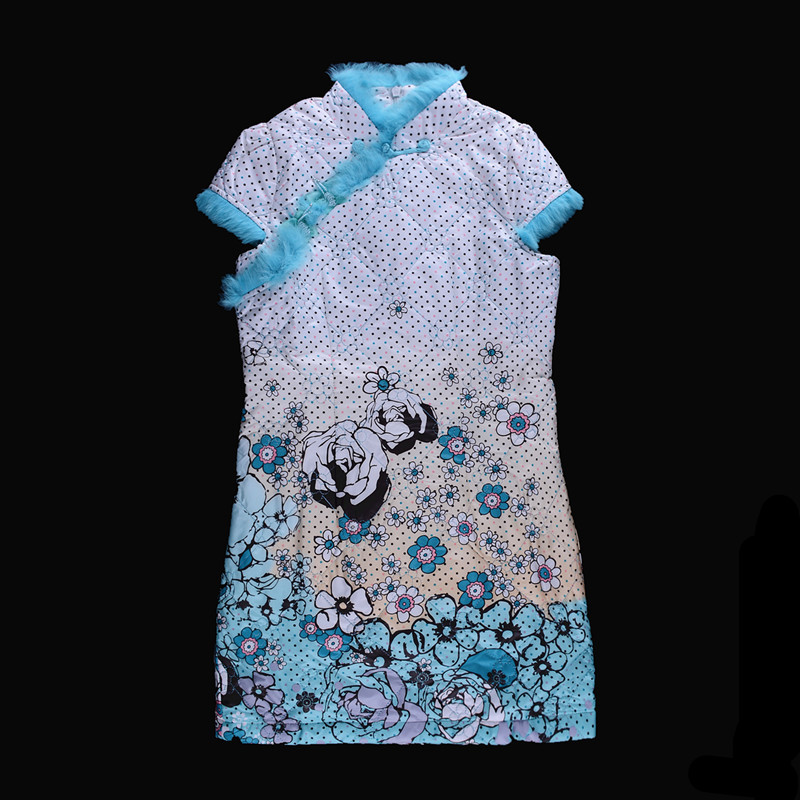 2019 winter girl Cotton clip cheongsam Tang costume Stand collar frog pure cotton Flash blue Chinese style Direct selling costumein the Children/Baby/Family fitted , Children's Robes/Costume/National costume , Cheongsam category - from Buy2taobao.com to provide professional Taobao agent buy service