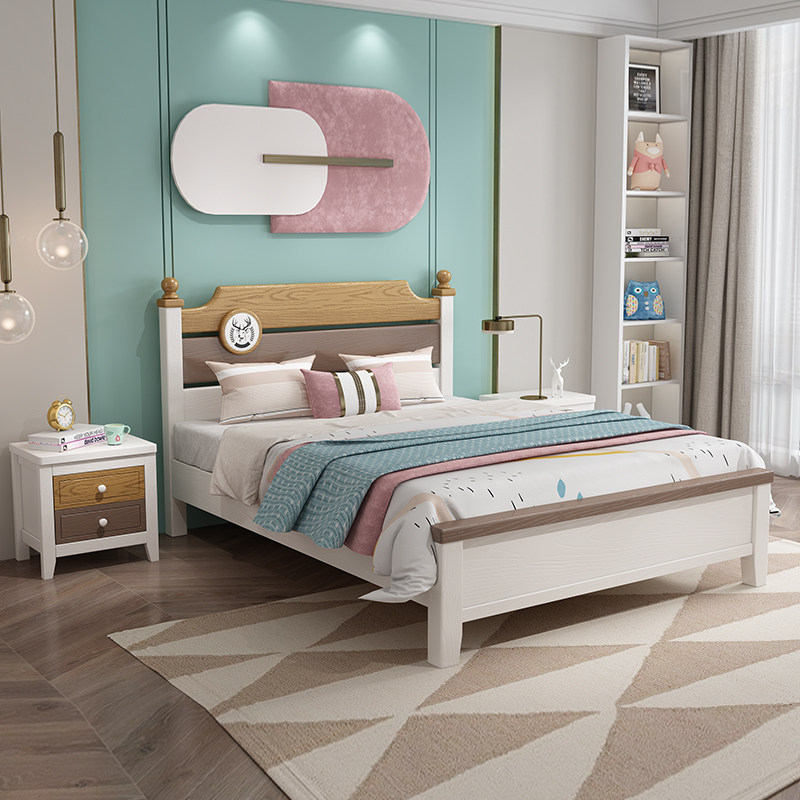现代简约儿童实木床现代青少年1.2米1.35米1.5米单人床北欧男孩床