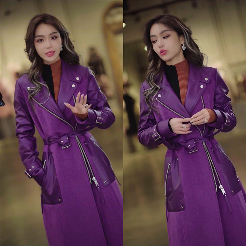 冬新女潮抖音懒猫服饰同款长袖女神气质显瘦百搭街头流行紫色皮衣
