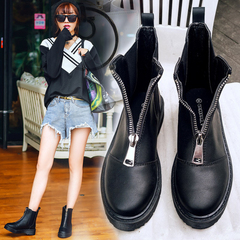 韩国2016新款拉链平底短靴圆头马丁靴牛筋厚底中跟裸靴英伦风女鞋