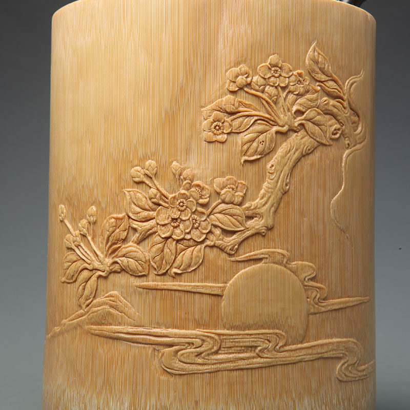 工艺臻品指尖传承第十七期  天然毛竹文房用毛笔笔筒【月上海棠】筒