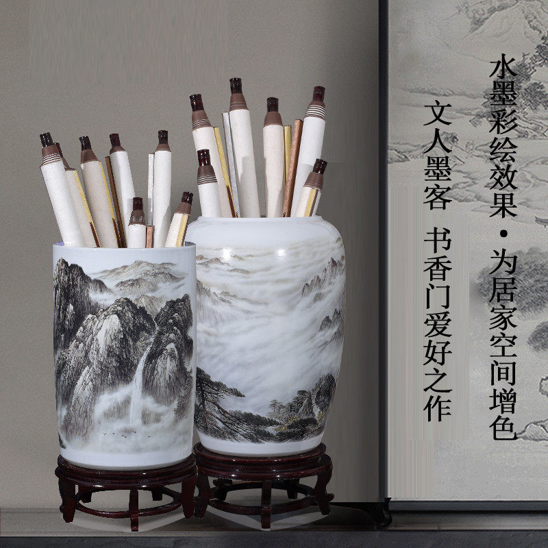 景德镇陶瓷器墨彩山水瓷画缸收纳筒字画桶箭筒卷轴缸书画山水冬瓜