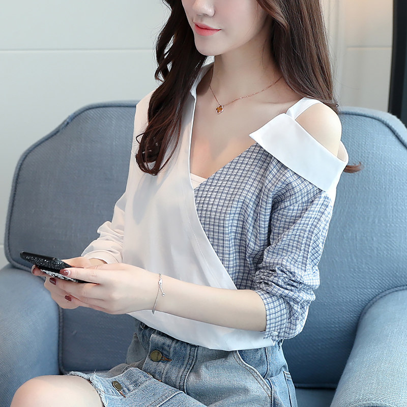送裹胸~实拍2020秋装新款长袖格子拼接一字领露肩衬衣上衣女