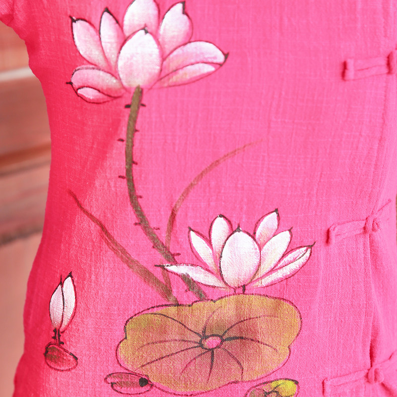 实拍 夏新款女民族风中式修身手绘唐装立领七分袖棉麻盘扣上衣