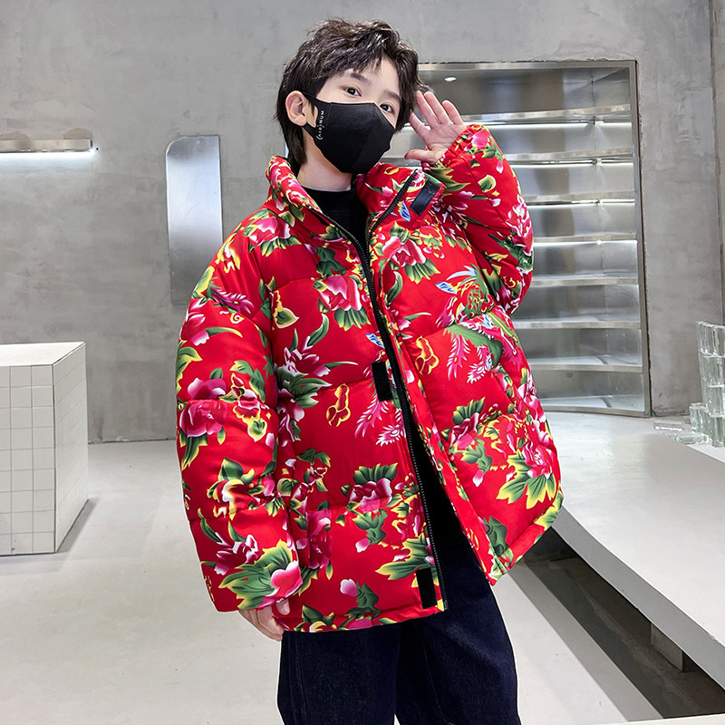 男童冬装羽绒棉衣中大儿童冬季加厚棉服东北大花棉袄保暖外套国潮