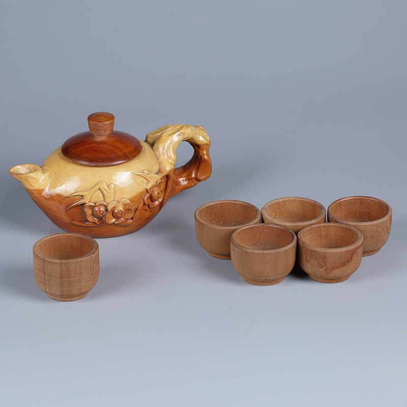 红豆杉茶壶7件/套摆件357g【花光灼灼 寓意繁荣昌盛】