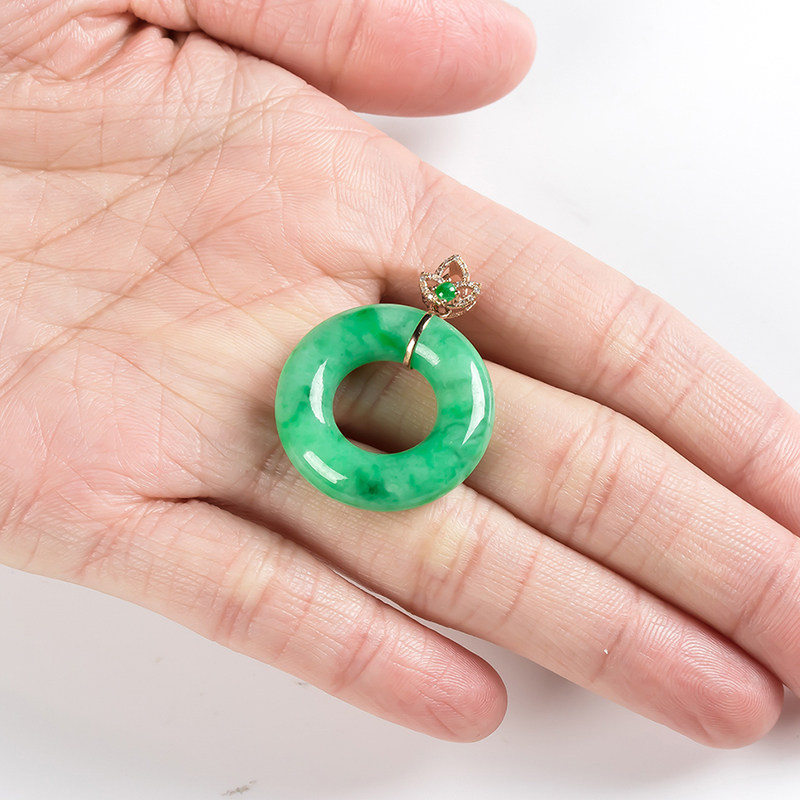 18k玫瑰金伴南非钻镶嵌翡翠玉环吊坠 6.68g