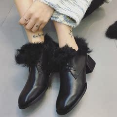 羊卷毛加绒短靴女秋冬季裸靴女粗跟及踝靴系带中跟女靴黑色小皮鞋