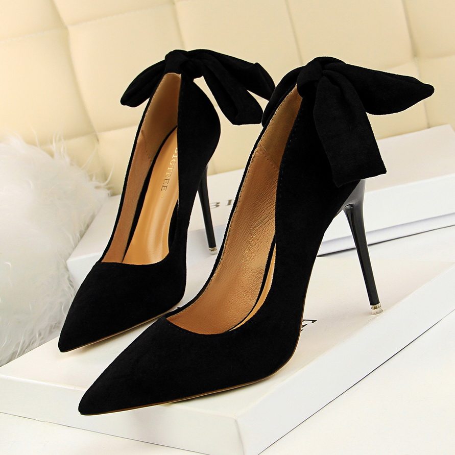 2022绒面后跟蝴蝶结单鞋女蓝色甜美显瘦秀气细跟高跟鞋女宴会礼仪