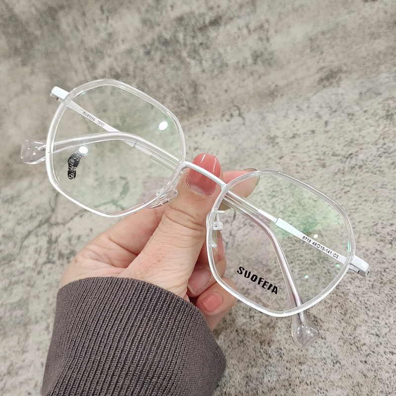 文艺ins白色透明近视眼镜框小脸多边形小框韩版超轻防蓝光辐射配
