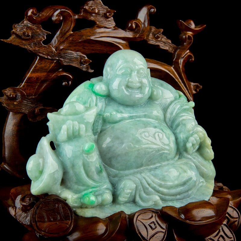 天然a货翡翠老坑种飘绿招财大肚佛公摆件3.20kg