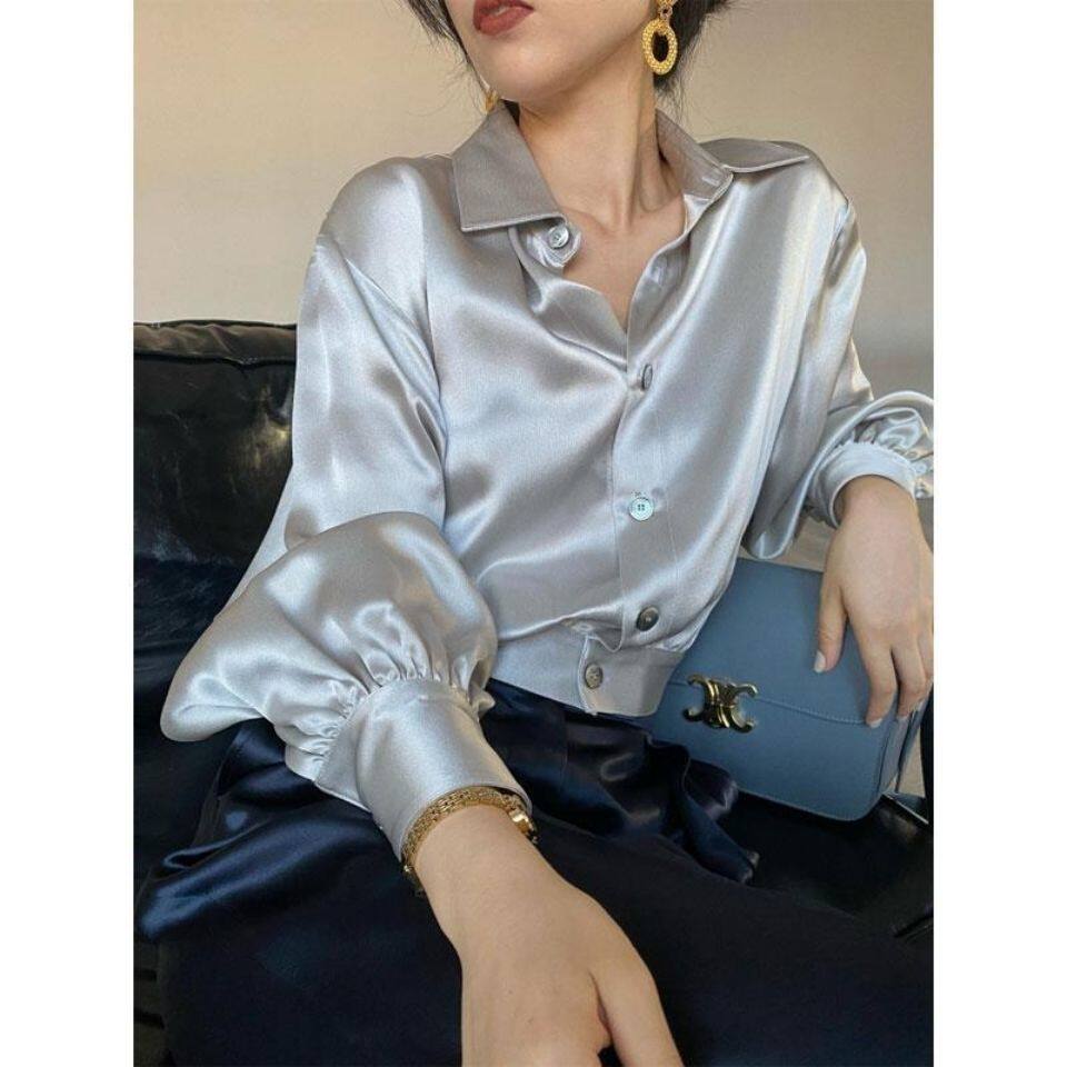 醋酸丝绸衬衫女复古港风2022秋装新款短款收腰显瘦气质缎面衬衣