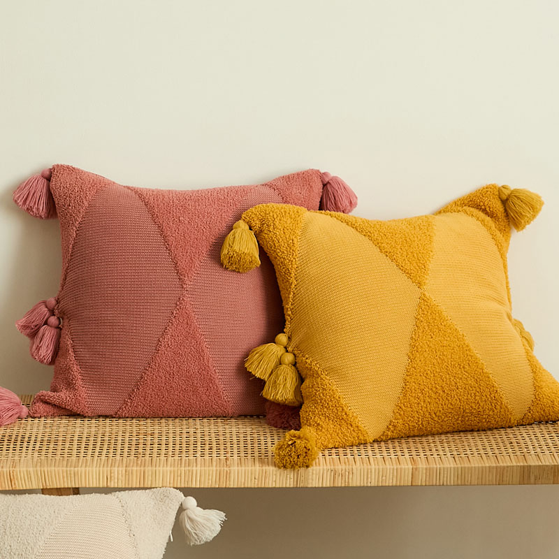 长也夕 ins风客厅抱枕沙发靠垫靠包民宿软装针织流苏靠枕黄色粉色