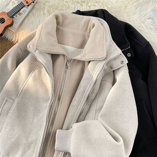 美式复古假两件夹克男秋冬季潮流vibe痞帅设计感上衣宽松加厚外套