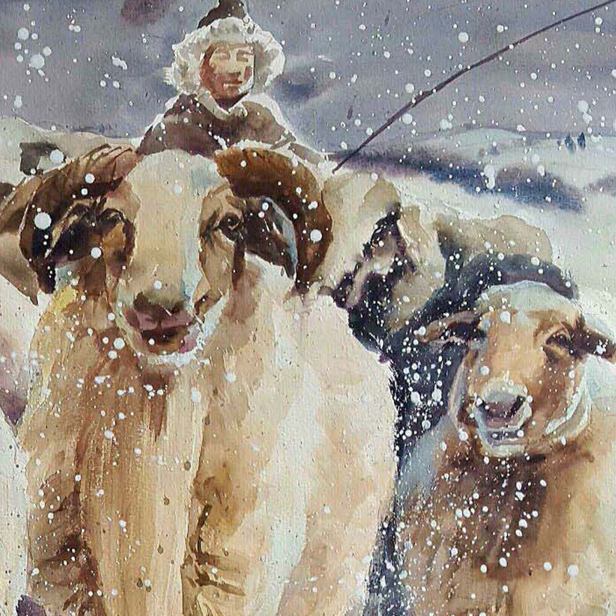 张代华《羊群》水彩画