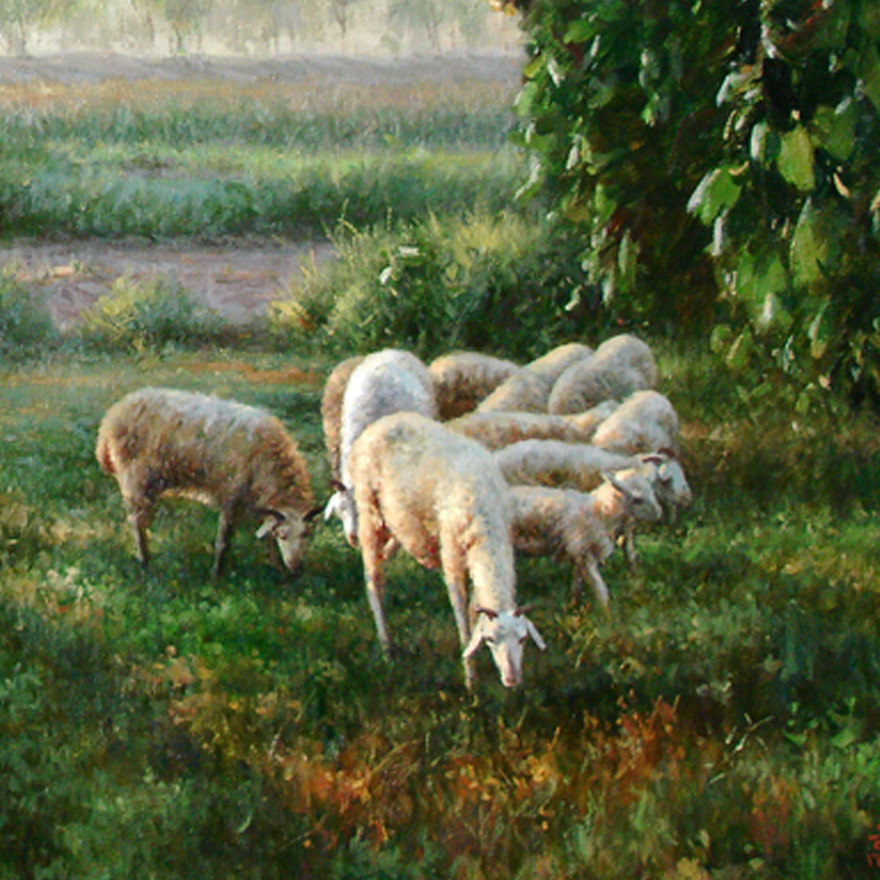 高飞《早晨的羊群》布面油画