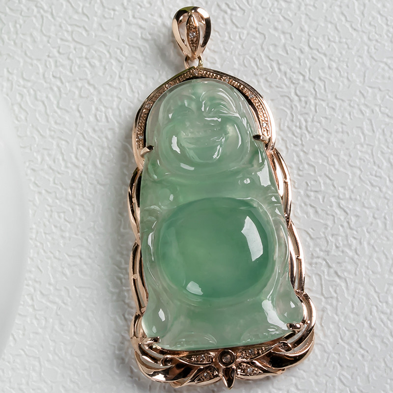 18k玫瑰金伴钻镶嵌冰种翡翠站佛公吊坠5.53克